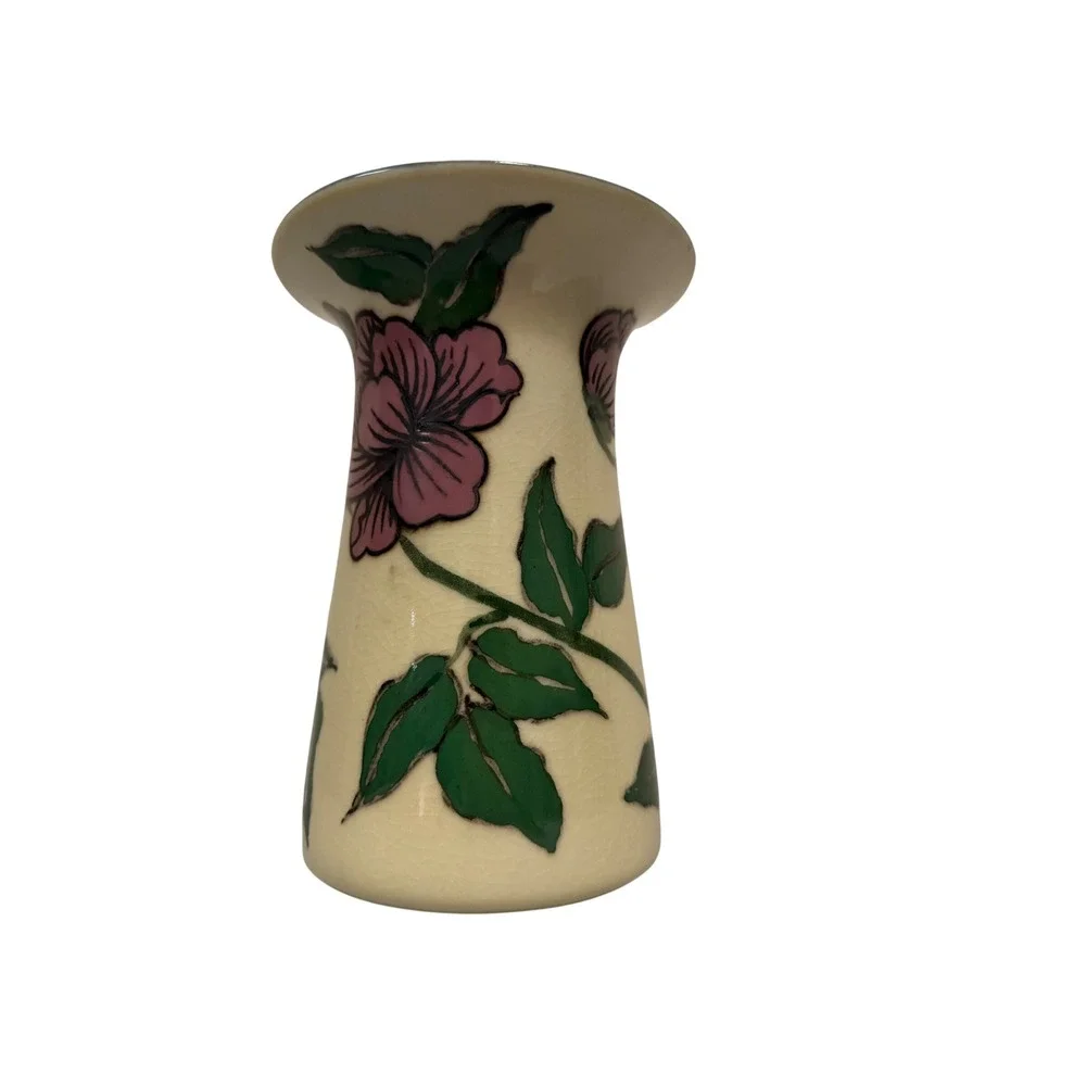 Vintage Hand-Painted Floral Vase Cream Pink Purple Glaze 7.5